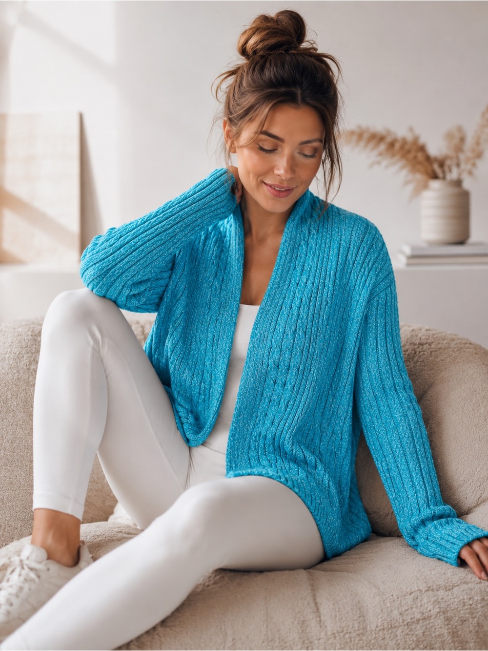 Kim Rogers Women’s Size M Turquoise White Marled Cable Knit Open Front Cardigan